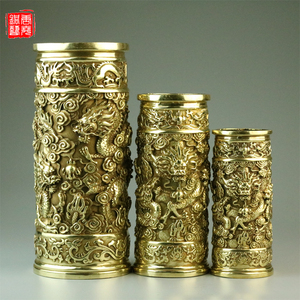 香筒纯铜五龙香筒仿古做旧家居黄铜装饰品古典摆件五龙花瓶礼品
