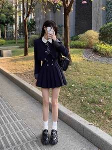 韩式学姐学院风JK制服套装女秋冬季短款西装外套吊带百褶裙两件套