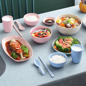 小麦秸秆碗碟碗筷盘子家用1碗套装2人情侣餐具单人可微波炉吃饭碗