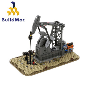 BuildMOC拼装积木玩具千斤顶石油井架油泵钻机抽油田开采机械转动