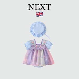 英国NEXT中国风夏季女童连衣裙百天婴儿汉服女宝宝吊带哈衣公主裙