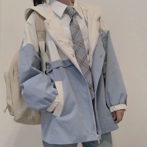 2024春秋新款外套女学生韩版宽松小个子学院风工装BF拼色风衣夹克