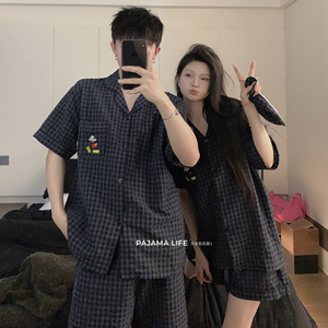 韩国ins米奇情侣睡衣女夏季纯棉棉纱短袖款男士可外穿家居服套装