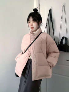 设计感小众立领短款粉色羽绒服女冬季2023新款棉服面包服棉衣外套