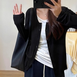 韩版黑白假两件T恤女2024年春秋新款百搭圆领单排扣显瘦长袖开衫