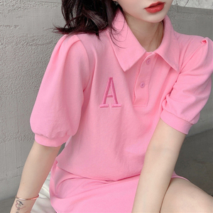 粉色POLO领短袖t恤女夏季2024新款宽松大版中长款下衣失踪体恤裙