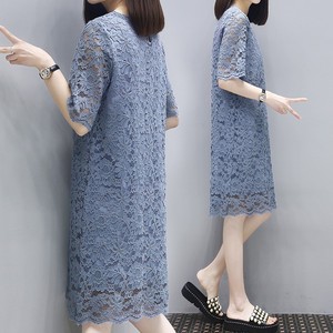 Mealiers蓝色镂空蕾丝连衣裙女士夏季新款宽松显瘦气质时尚直筒裙