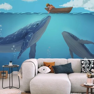 北欧鲸鱼海底世界墙布沙发背景壁纸装饰壁画酒店宾馆墙纸卧室壁布