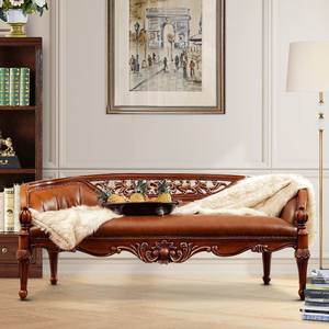 美式实木真皮床尾凳奢华欧式复古床边凳长凳真皮换鞋凳书房长条凳