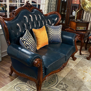 美式全实木真皮沙发123组合简约欧式复古小户型客厅沙发高端雕花