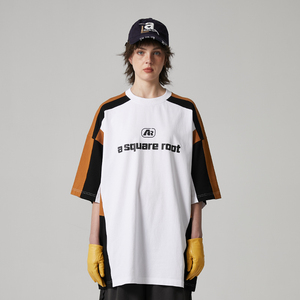 A SQUARE ROOT 撞色拼接图案印花日系复古运动风潮牌男女短袖T恤
