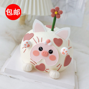 网红lulu猪蛋糕装饰摆件软胶可爱小猪宝宝周岁花朵插件生日甜品台