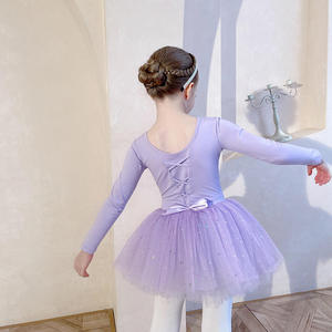 新款加绒儿童舞蹈服长袖女童练功服紫色亮片纱裙冬季芭蕾舞裙考级