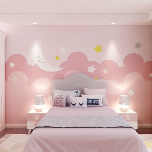 北欧卡通儿童房墙纸公主房粉色女孩卧室床头壁纸托儿所幼儿园墙布