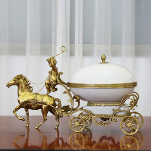 创意纯铜包瓷马拉车果盘摆件欧式美式客厅玄关陶瓷配铜收纳盒摆设