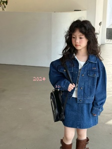 波拉波拉韩国童装2024春儿童时尚牛仔套装外套配半身裙女童套装