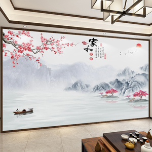 5d新中式山水电视背景墙布客厅沙发影视墙壁画家和花鸟水墨画壁纸