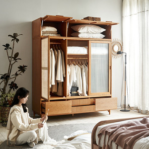 日式实木衣柜卧室家用大容量储物柜简约现代原木玻璃衣橱推拉三门
