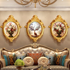 欧式客厅装饰画圆形壁挂简欧沙发背景墙面三连美式风格花卉鹿油画