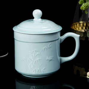 景德镇陶瓷影青杯办公室会议家用茶杯中式纯色手工浮雕带盖杯定制