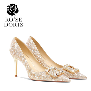 Rose Doris新娘婚纱单鞋女细跟百搭水钻方扣高跟鞋金色秀禾婚鞋