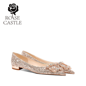 Rose Doris婚宴鞋孕妇婚鞋不累脚低跟平底金色新娘鞋水晶婚纱单鞋