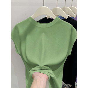 新款2024夏季高级绿色半高领针织打底衫女宽松无袖冰丝T恤上衣薄