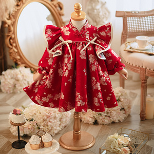 中式女童礼服高端生日公主裙女宝宝抓周旗袍红色唐装一周岁宴冠衣