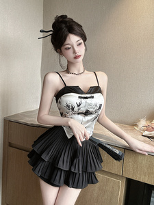 新中式国风吊带蛋糕裙套装女装夏季纯欲性感甜酷辣妹小个子两件套