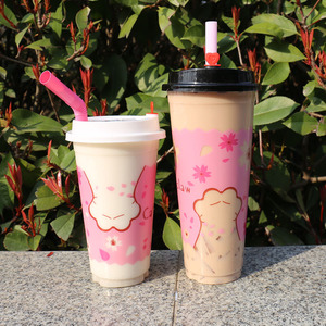 猫爪杯奶茶杯子一次性带盖鲜榨果汁商用透明塑料可爱奶茶杯装网红