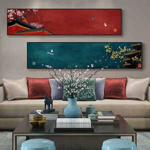 新中式沙发后面的客厅的装饰画招财墙画挂在客厅墙上挂画大气轻奢