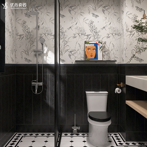 复古法式卫生间瓷砖黑色木纹砖厨房浴室防滑地砖厕所墙砖燕子花砖