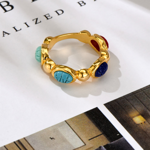中古绿松石彩宝戒指女欧美小众设计黄铜手工复古vintage宝石指环