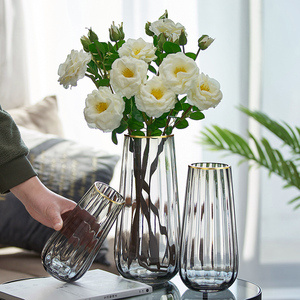 轻奢ins 风竖楞玻璃花瓶透明金口创意水培鲜花玫瑰插花器摆件客厅