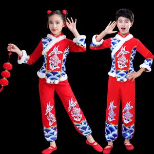 新款民族儿童秧歌演出服喜庆开门红春节幼儿打鼓舞蹈表演服装男女