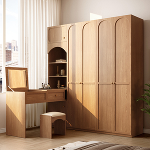 原木色衣柜家用卧室现代简约一门到顶转角书桌小户型日式收纳衣橱