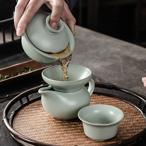 汝窑陶瓷盖碗可养单公道杯开片过滤网托家用单茶盏三才杯茶海茶漏