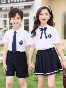 小学生班服入园照夏天韩版T恤经典衬衣白色红色拍照小学生校服