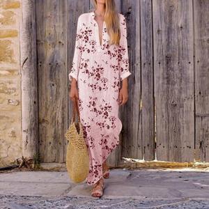 Cotton Linen Boho Holiday Dress Long Sleeves Women Spring Ca