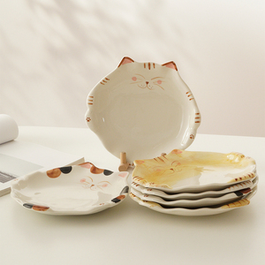 白屿 日系小猫盘手绘釉下彩家用盘菜盘甜品盘猫咪盘子和风陶瓷盘
