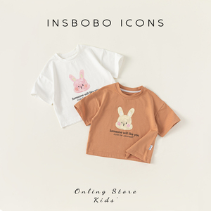 INSbobo女童短袖T恤兔子印花儿童夏装2024新款清爽纯色男童上衣