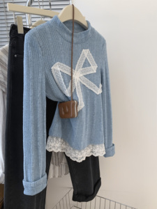 蓝色蝴蝶结蕾丝内搭长袖t恤女春款秋冬设计感针织衫正肩打底上衣