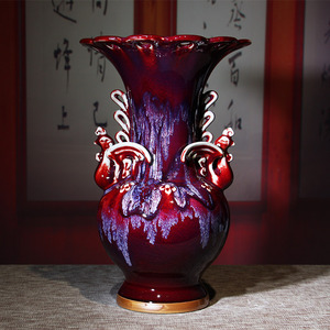 钧瓷摆件红花釉凤樽中式古典工艺品陶瓷花瓶家居装饰高档礼盒装