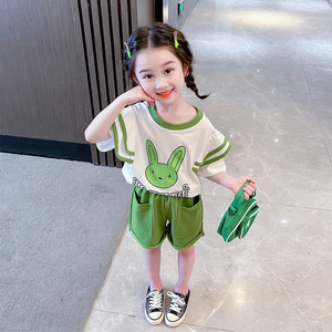 女宝宝披肩袖套装夏季新款时尚小童韩版休闲夏装小女孩卡通两件套