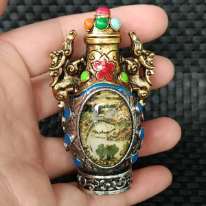 古玩杂项铜铸夜光内画鼻烟壶铜质复古做旧老货西藏特色手工艺品