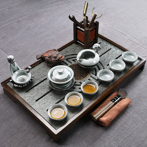 乌金石茶盘高端家用瓷器轻奢干泡台实木功夫茶具套装玻璃小型一套