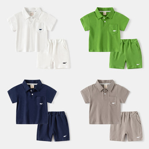 儿童短袖套装2024夏季新款韩版男童纯色Polo上衣五分裤两件套包邮