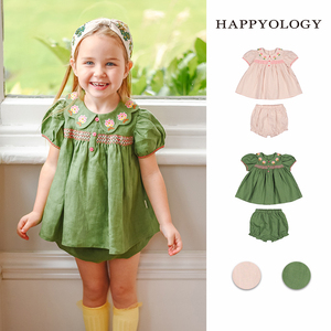 Happyology英国儿童女童套装夏季新款宝宝亚麻衬衫上衣短裤两件套