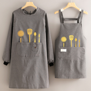 棉布长袖围裙厨房家用透气做饭防污耐磨罩衣女时尚工作服围腰定制