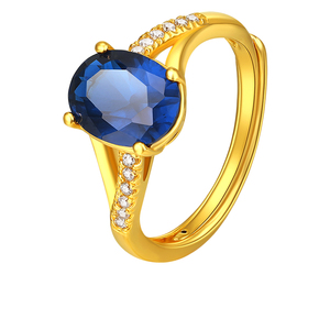 黄黄金彩色宝石戒指优雅蓝宝石镶钻真金戒子轻奢礼服活口戒指